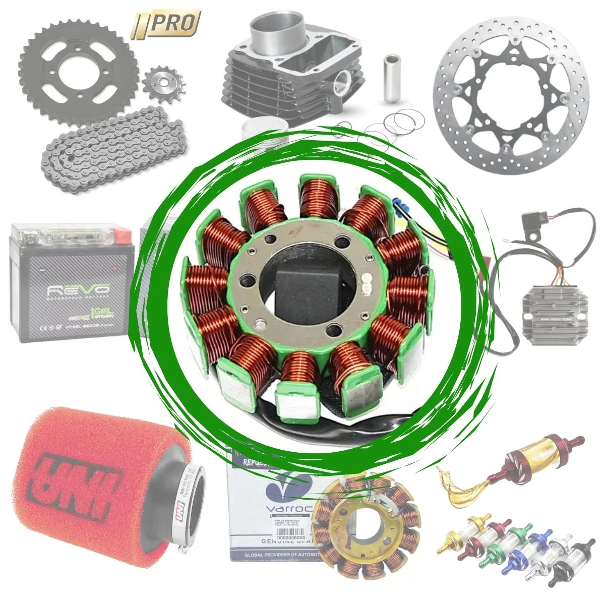 Kit de mantenimiento para KTM 200 con bobina Varroc, filtro de aire rojo, batería Revo, cadena, piñón, disco de freno, carburador y repuestos adicionales.