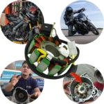 Plato bobinas Varroc original KTM 200, con bobinas de cobre y conectores blancos, mostrado en detalle técnico junto a motocicletas y su instalación.