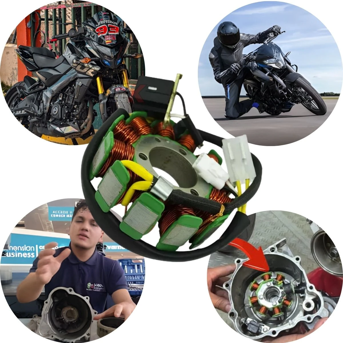 Plato bobinas Varroc original KTM 200, con bobinas de cobre y conectores blancos, mostrado en detalle técnico junto a motocicletas y su instalación.