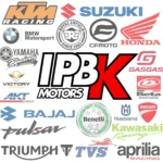 Collage de logotipos de marcas de motocicletas como KTM, Suzuki, Honda, Yamaha, BMW, CFMoto, GasGas, Victory, Beta, Bajaj, Benelli, Husqvarna, Ducati, Kawasaki, Triumph, TVS y Aprilia, con el texto IPB Motors en el centro.