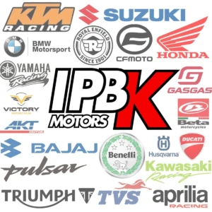 Collage de logotipos de marcas de motocicletas como KTM, Suzuki, Honda, Yamaha, BMW, CFMoto, GasGas, Victory, Beta, Bajaj, Benelli, Husqvarna, Ducati, Kawasaki, Triumph, TVS y Aprilia, con el texto IPB Motors en el centro.