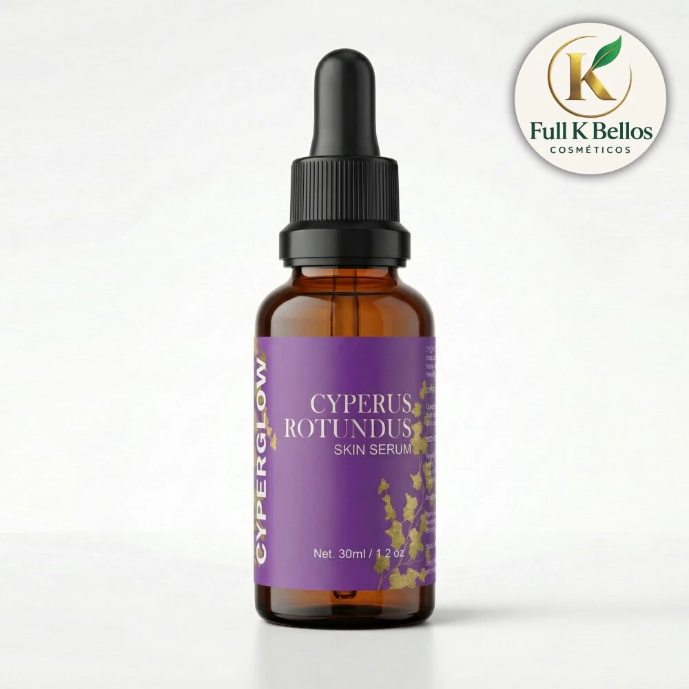 Bote de vidrio ámbar con gotero, etiqueta morada que dice "Cyperus Rotundus Skin Serum", 30ml, marca Full K Bellos.
