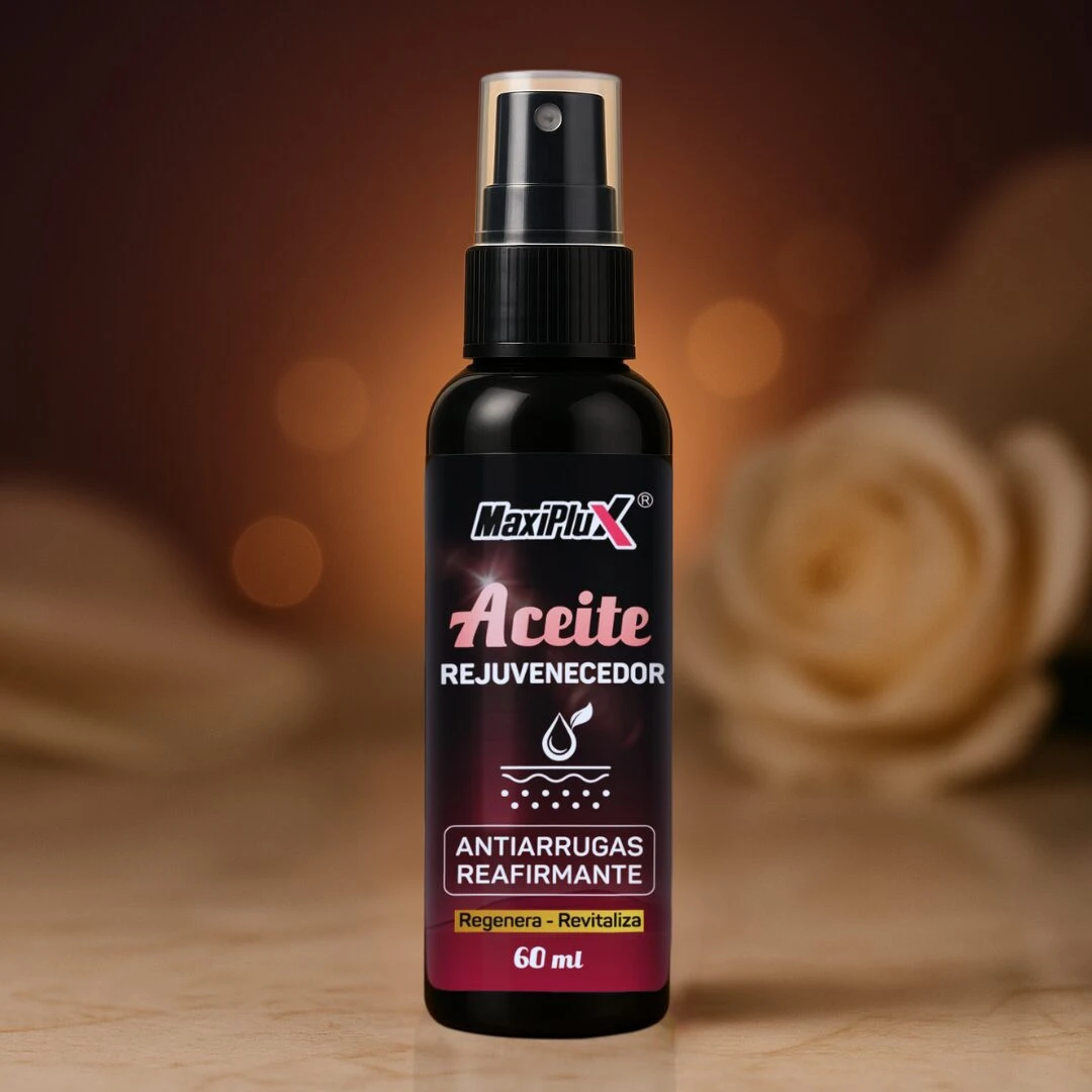 Botella negra de 60 ml de aceite rejuvenecedor MaxiPlux con etiqueta que indica antiarrugas y reafirmante, sobre fondo cálido con rosa desenfocada.