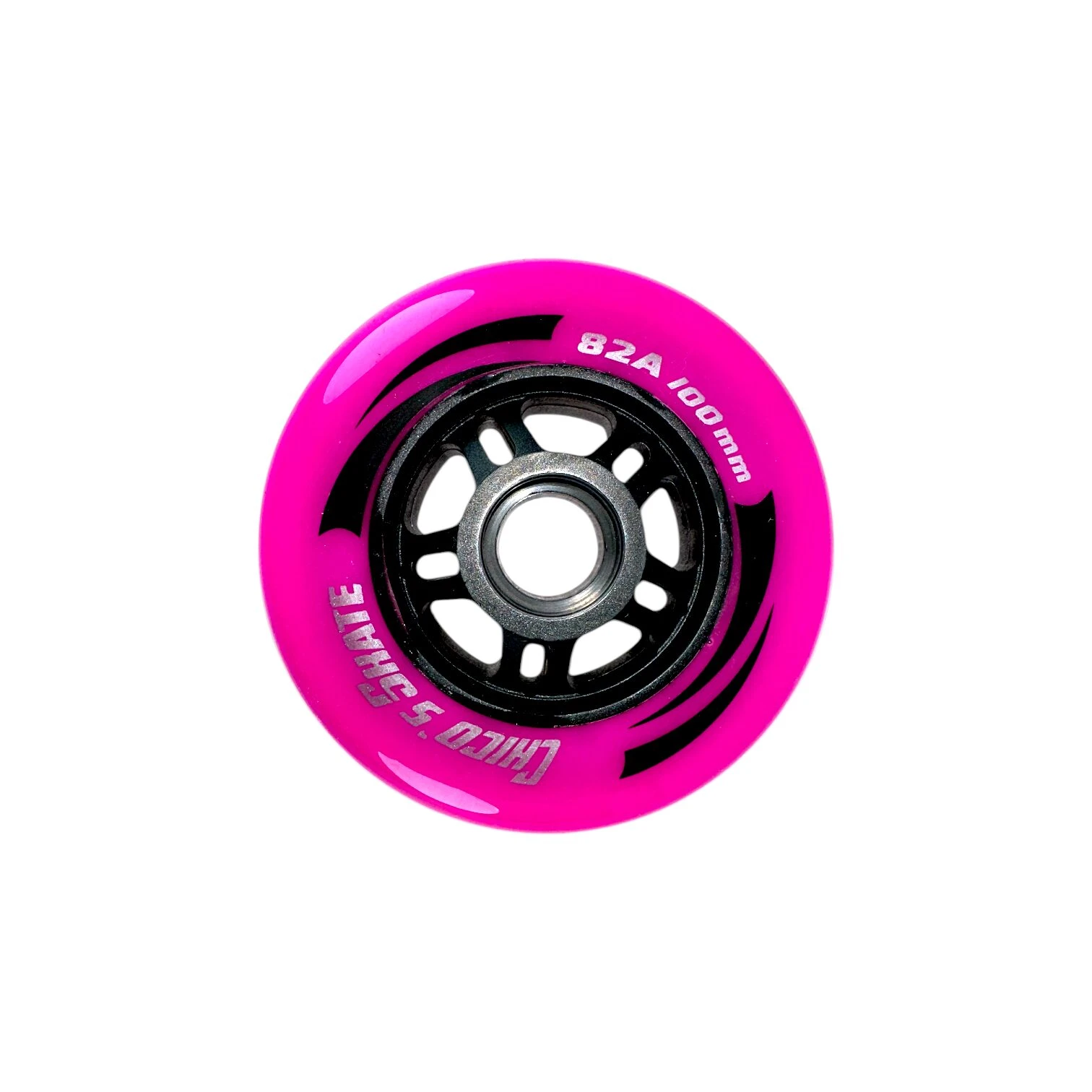 Rueda de patín de 100 mm en color rosa brillante con núcleo negro, modelo 82A para uso en asfalto rugoso.
