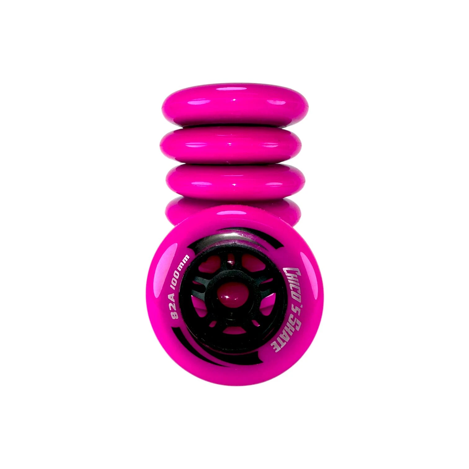 Rueda de patín de 100 mm en color rosa brillante, con núcleo negro y textura lisa, modelo 82A para mayor tracción en asfalto rugoso.