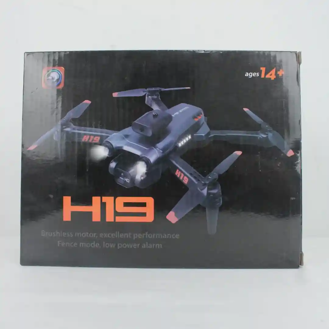 Cuadricóptero plegable H19 en caja negra con detalles naranjas, mostrando alas extendidas y luces frontales activas.
