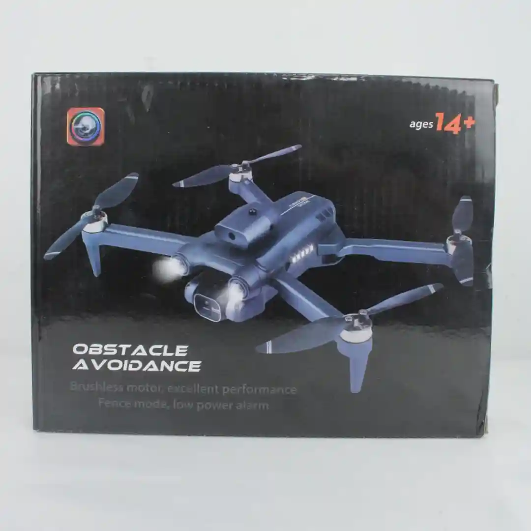 Cuadricóptero plegable azul con cuatro hélices, luces frontales y sistema de evitación de obstáculos visible en caja negra.