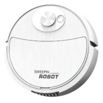 Aspiradora robot blanca de diseño circular con panel frontal metálico y logotipo visible, vista superior.