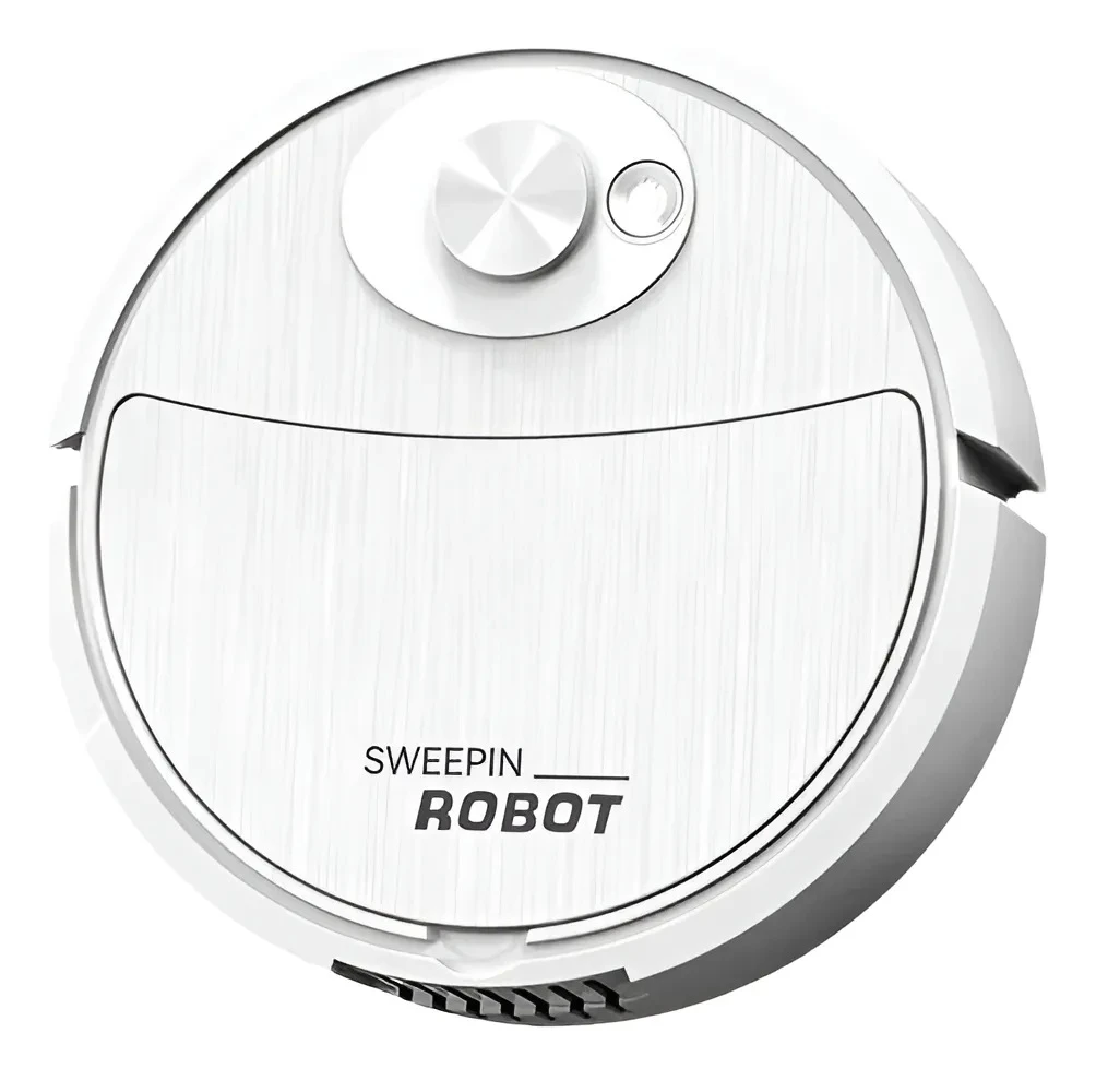 Aspiradora robot blanca de diseño circular con panel frontal metálico y logotipo visible, vista superior.