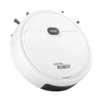 Aspiradora robot blanca con botón START y pincel laterales, vista superior.