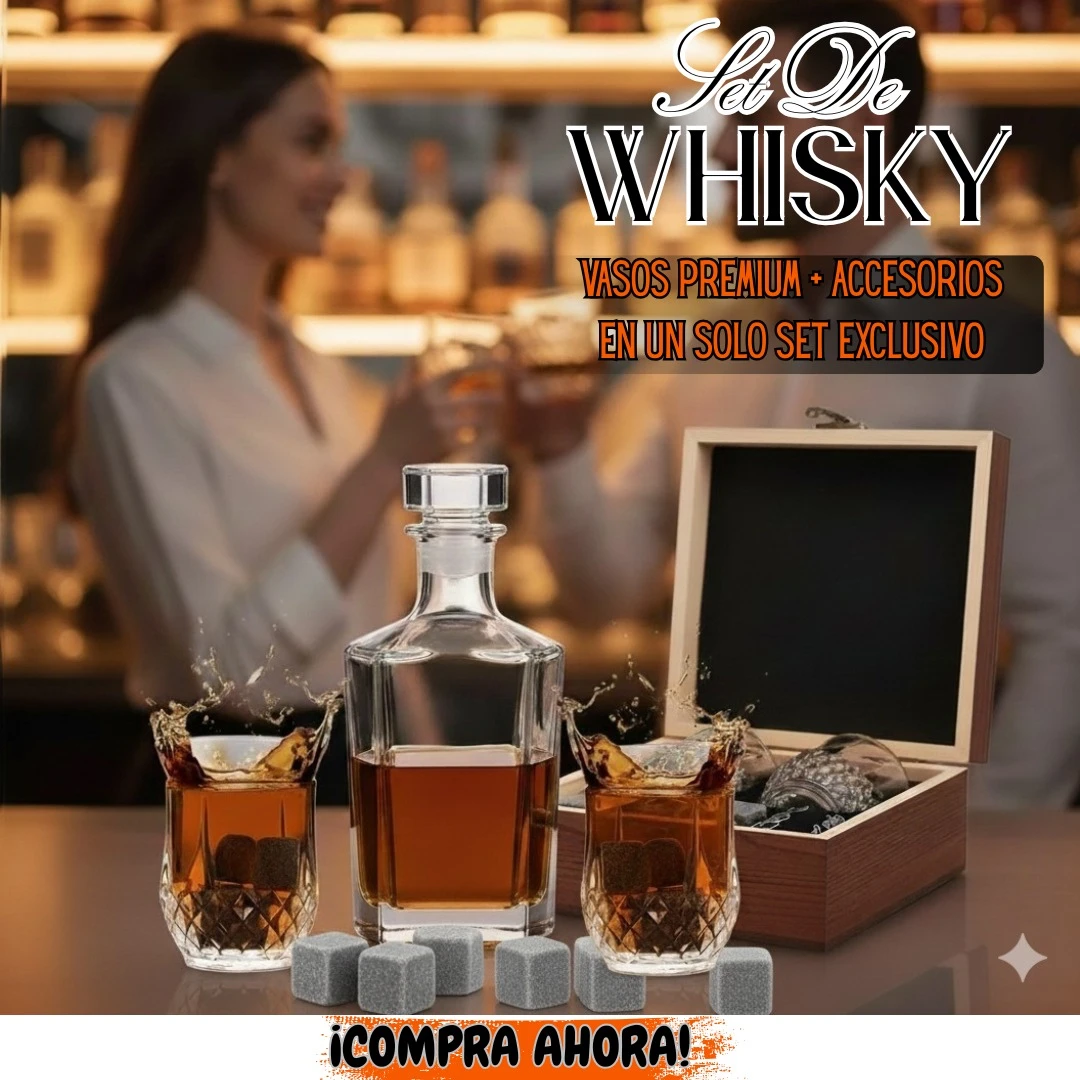 Set de whisky con decantador de vidrio, dos copas de cristal tallado y cofre de madera con piedras de enfriamiento.