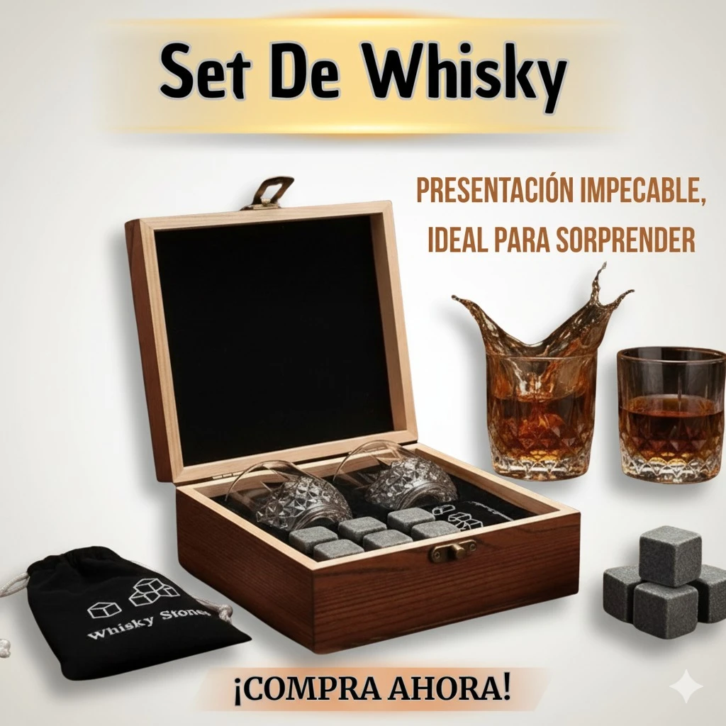 Cofre de madera con dos copas de whisky, piedras de enfriamiento y bolsa de tela negra. Presentación ideal para regalar.