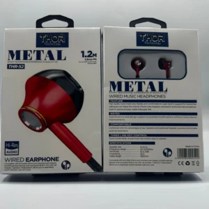 Pack de dos auriculares intrauditivos Thor Metal en caja, con cable de 1.2 m y controles de línea, color rojo y negro.