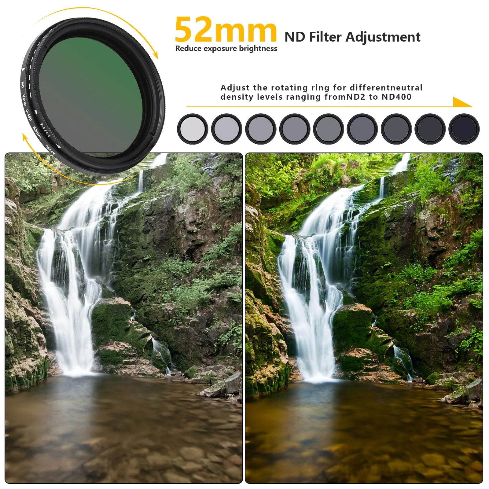 Filtro ND variable de 52 mm con anillo giratorio para ajustar densidad de ND2 a ND400, mostrando efecto de agua en movimiento en cascada.