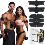 Parches EMS negros para tonificación muscular, mostrados en modelo hombre y mujer, junto con tres configuraciones de electrodos y caja de producto.