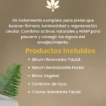 Kit antiedad con HEMP: lista de productos incluidos como sérum renovador, revitalizante, bótox vegetal, contorno de ojos y crema hidratante, sobre fondo beige con hoja verde decorativa.