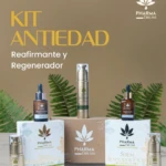 Kit antiedad con HEMP reafirmante y regenerador de Pharma Dream. Incluye suero facial, sérum renovador, ampolla y dos frascos con gotero, sobre cajas con logo de hoja de cannabis. Fondo beige con follaje verde.