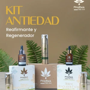 Kit antiedad con HEMP reafirmante y regenerador de Pharma Dream. Incluye suero facial, sérum renovador, ampolla y dos frascos con gotero, sobre cajas con logo de hoja de cannabis. Fondo beige con follaje verde.