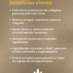 Lista de beneficios clave del kit antiedad con HEMP: estimula colágeno, reduce arrugas, hidrata y reafirma la piel. Incluye ingredientes naturales y rutina completa. Fondo beige con icono de hoja de cannabis en la parte inferior.
