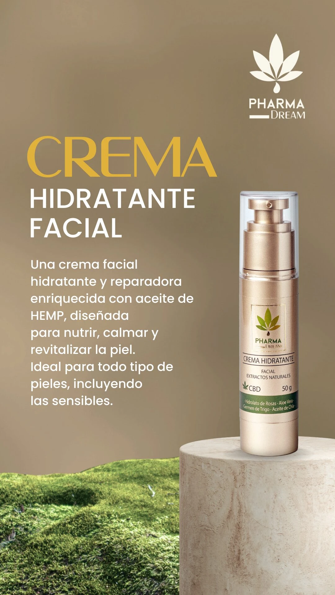 Crema hidratante facial con aceite de HEMP, en presentación de 50 ml, sobre pedestal beige con fondo natural verde.