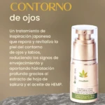 Contorno de ojos de Pharma Dream en presentación con bomba dispensadora, sobre superficie texturizada gris, con etiqueta que indica ingredientes como hoja de sakura y aceite de hemp.