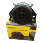 Pito de reversa automático negro con carcasa plástica y base metálica, sobre su caja amarilla que indica modelo F007.