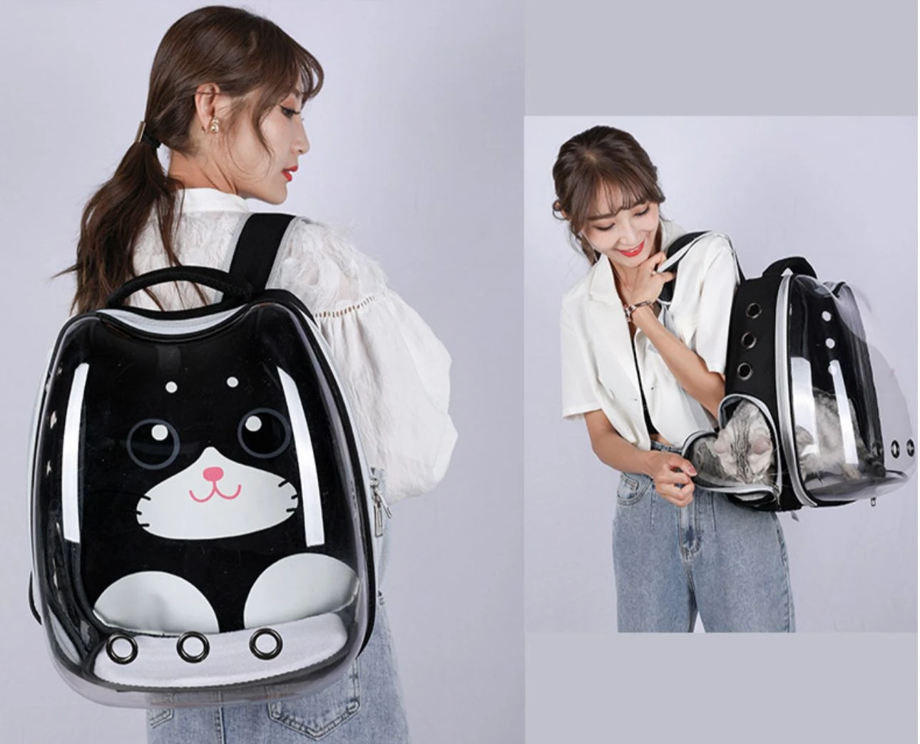 Mochila tipo cápsula para mascotas de hasta 12 kg, con diseño de gato negro y blanco, ventana transparente y ventilación lateral.