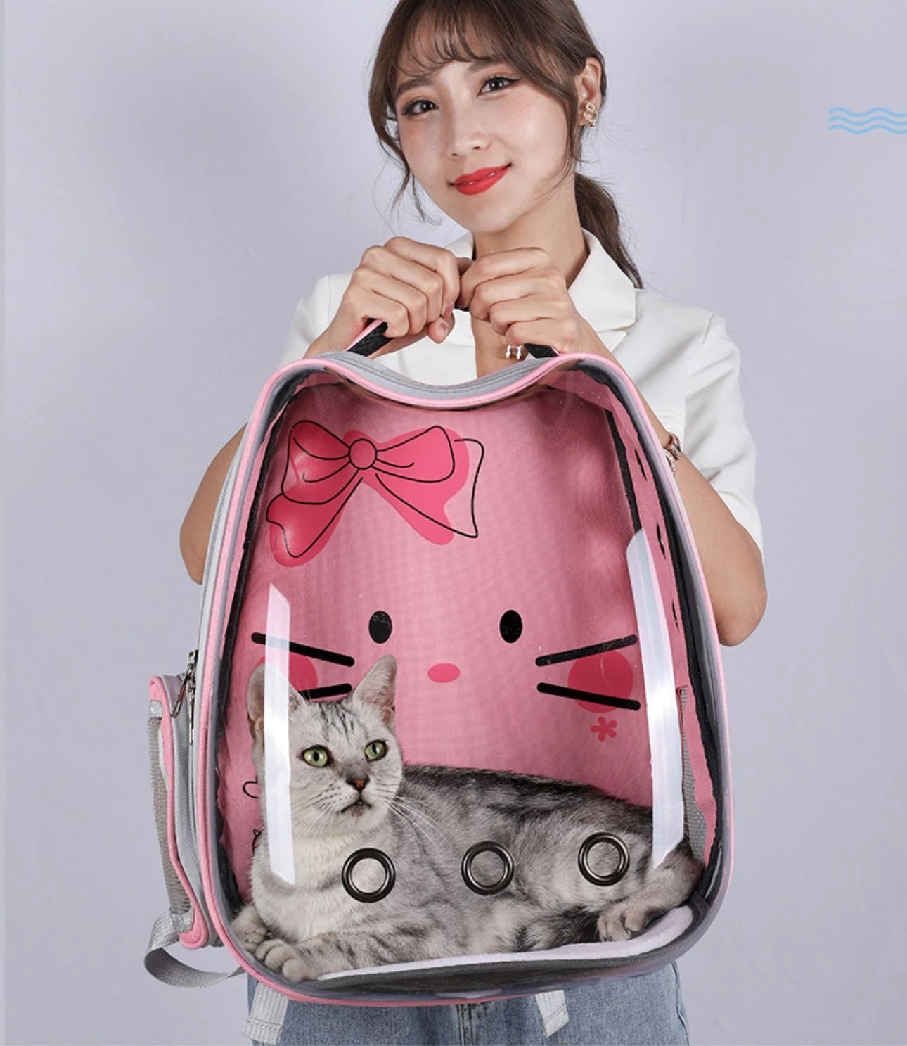 Mochila tipo cápsula rosa con estampado Hello Kitty, transparente y ventilada, con gato gris dentro; ideal para transporte seguro de mascotas hasta 12 kg.