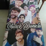 Cobija personalizada de 1,40m con estampado de múltiples retratos de Sharick y Daniela sobre fondo blanco.