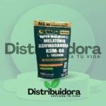 Bolsa de suplemento natural con magnesio, melatonina y ashwagandha. Presentación de 100 cápsulas en empaque verde oscuro con detalles dorados y texto blanco sobre fondo claro.