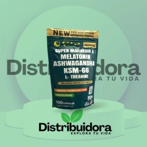 Bolsa de suplemento natural con magnesio, melatonina y ashwagandha. Presentación de 100 cápsulas en empaque verde oscuro con detalles dorados y texto blanco sobre fondo claro.