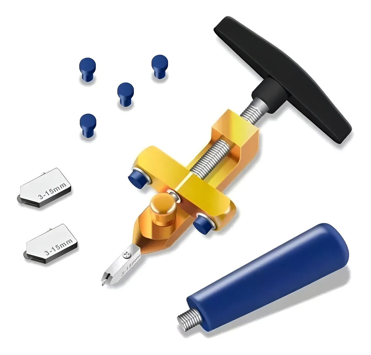 Cortadora de cerámica y vidrio en color dorado con mango negro, incluye cuatro puntas azules, dos guías de corte de 3-15 mm y un mango azul adicional.