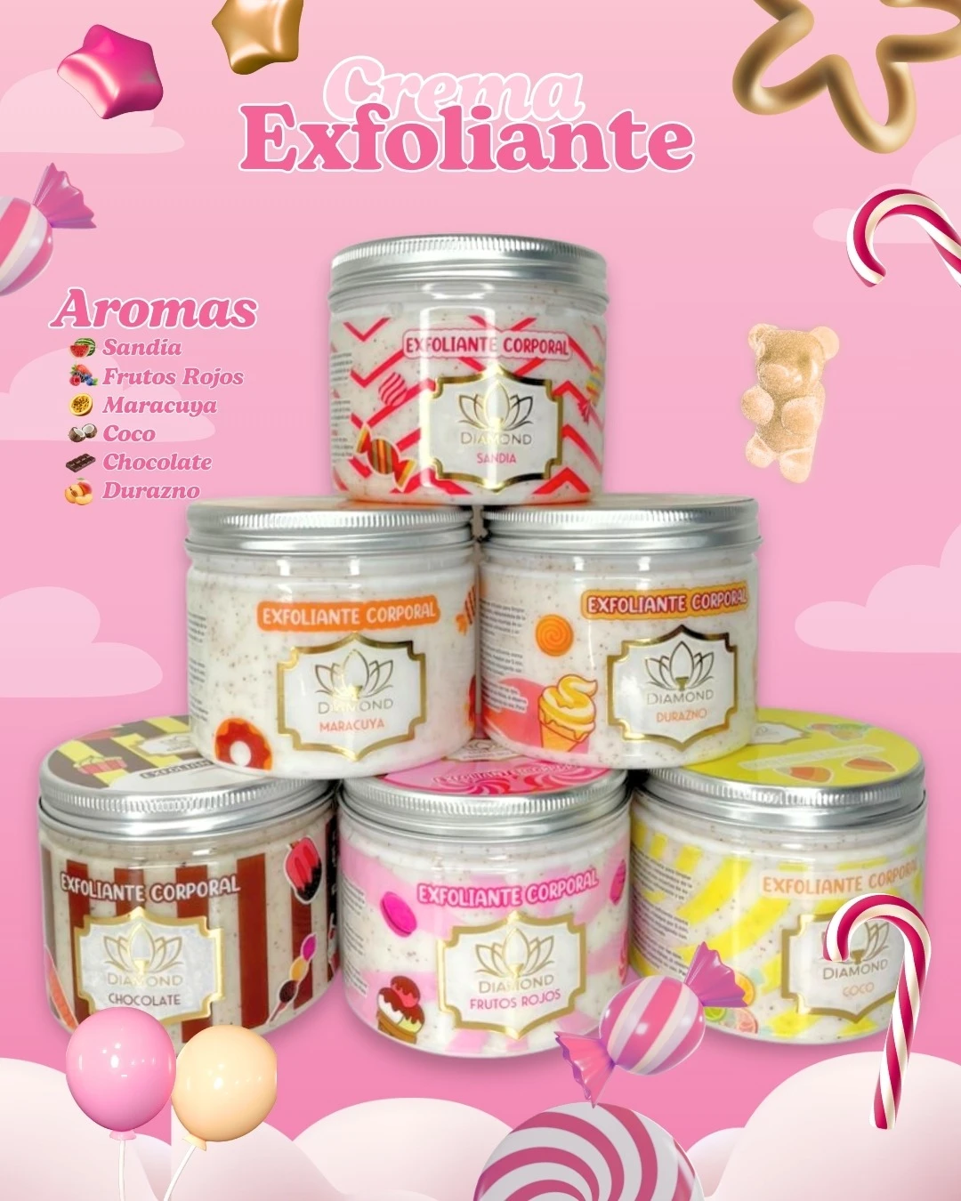 Pila de seis frascos de crema exfoliante corporal UMMER en colores pastel, con etiquetas que indican aromas como sandía, maracuyá y chocolate, sobre fondo rosa con dulces decorativos.