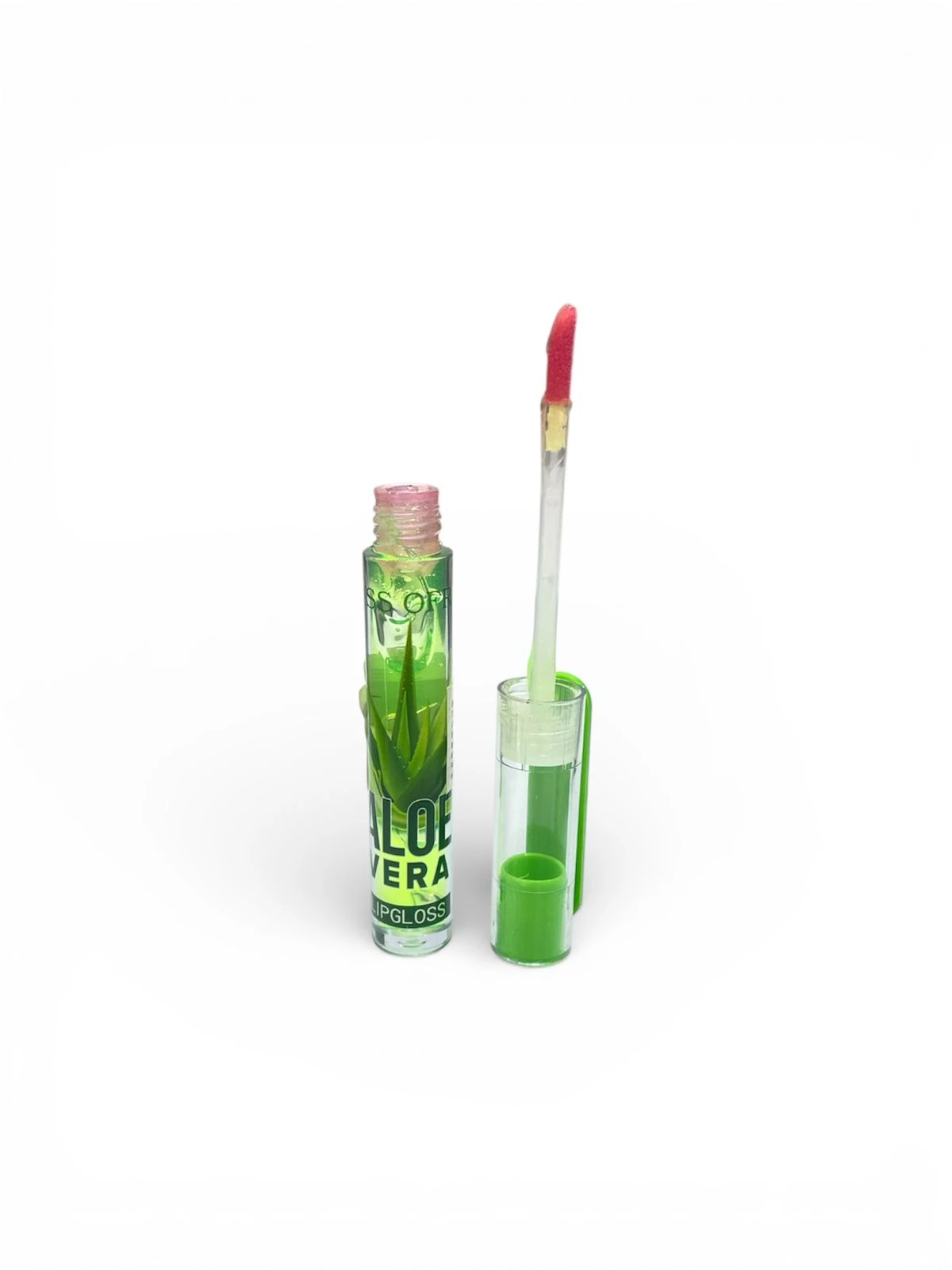 Brillo labial con Aloe Vera en presentación verde, con aplicador de silicona y tapa removible, mostrando textura brillante y color rosa claro.
