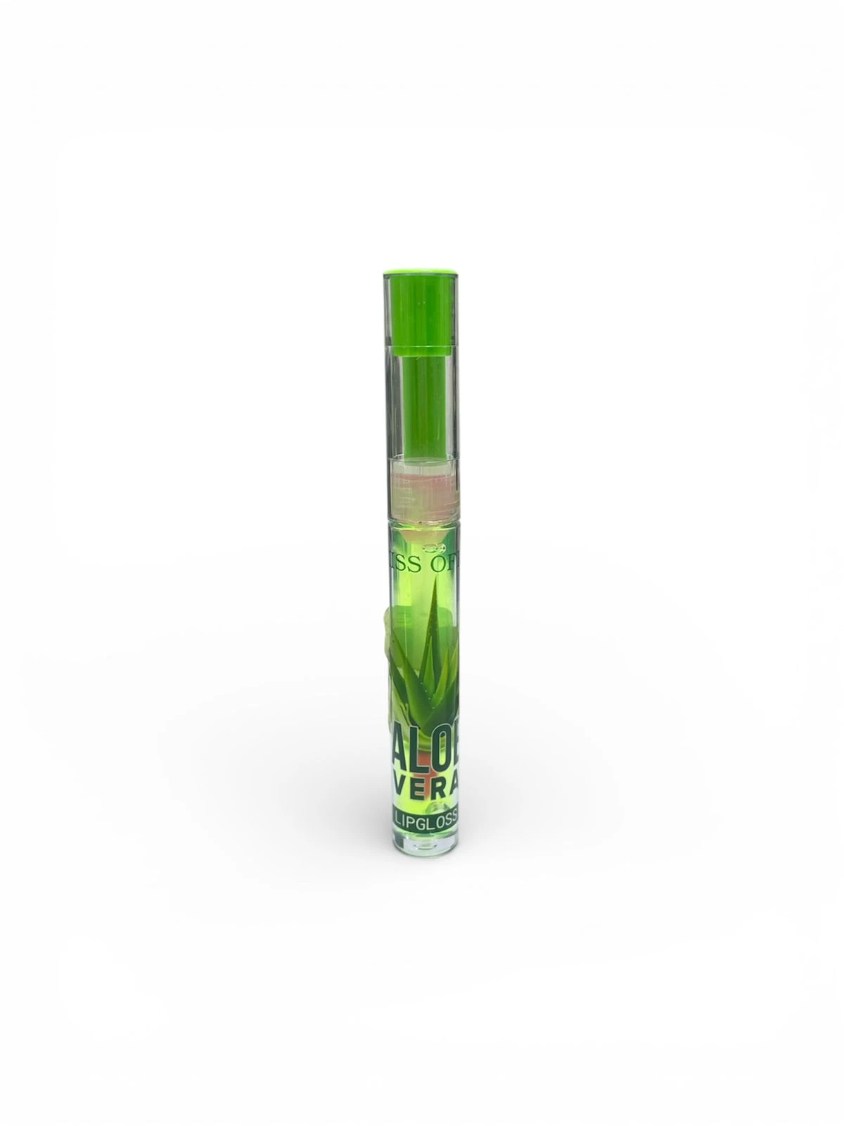 Brillo labial en tubo transparente con tapa verde, etiqueta que muestra aloe vera y texto parcial visible. Presentación individual, sin caja exterior.