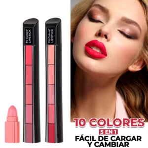 Labial 5 en 1 con 10 tonos: muestra dos tubos negros con paleta de colores visibles y un labial rosa aplicado en modelo con ojos cerrados.
