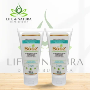 Dos tubos de gel corporal Booz con extractos de aloe y cúrcuma, de 120 ml cada uno, sobre superficie de madera clara.