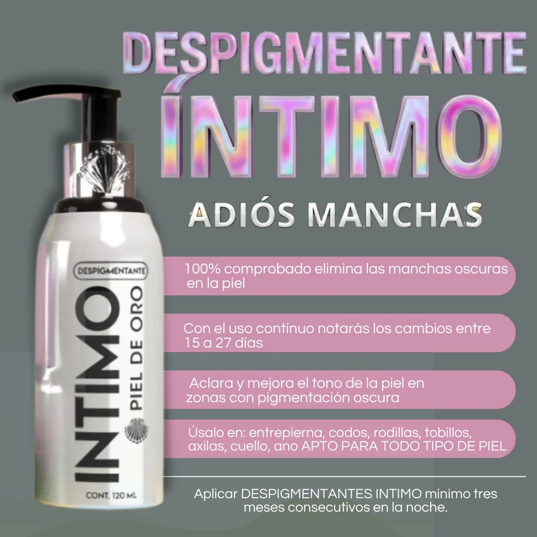 Bote blanco con bomba negra de despigmentante íntimo Piel de Oro Syam, 120 ml, sobre fondo gris con texto promocional en rosa y blanco.