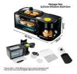 Horno eléctrico multifuncional Sokany negro con cafetera integrada, mostrando dimensiones de 46.7cm x 28cm x 24.5cm y accesorios incluidos.