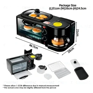 Horno eléctrico multifuncional Sokany negro con cafetera integrada, mostrando dimensiones de 46.7cm x 28cm x 24.5cm y accesorios incluidos.