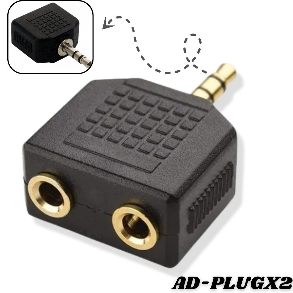 Adaptador divisor audio 3.5mm negro con dos salidas jack doradas y conector macho, para compartir música con dos auriculares.