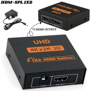 Adaptador HDMI 1x2 negro con cable de alimentación, muestra frontal y lateral con puertos de entrada y salida, etiqueta UHD 4Kx2K 3D.