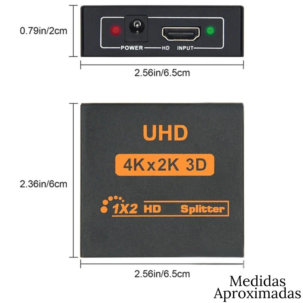 Adaptador duplicador de pantalla 1x2 activo, color negro, con etiquetas UHD y 4Kx2K 3D, dimensiones aproximadas 2.56x2.36 pulgadas.