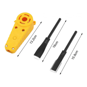 Adaptador de cincel para pulidora en amarillo, con dos cabezas intercambiables de 16 cm y 15,8 cm, ideal para tallado preciso.