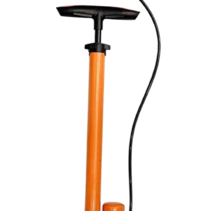 Bomba de aire para bicicleta de alta presión, color naranja con mango negro y manguera flexible, diseñada para inflado rápido y eficiente.