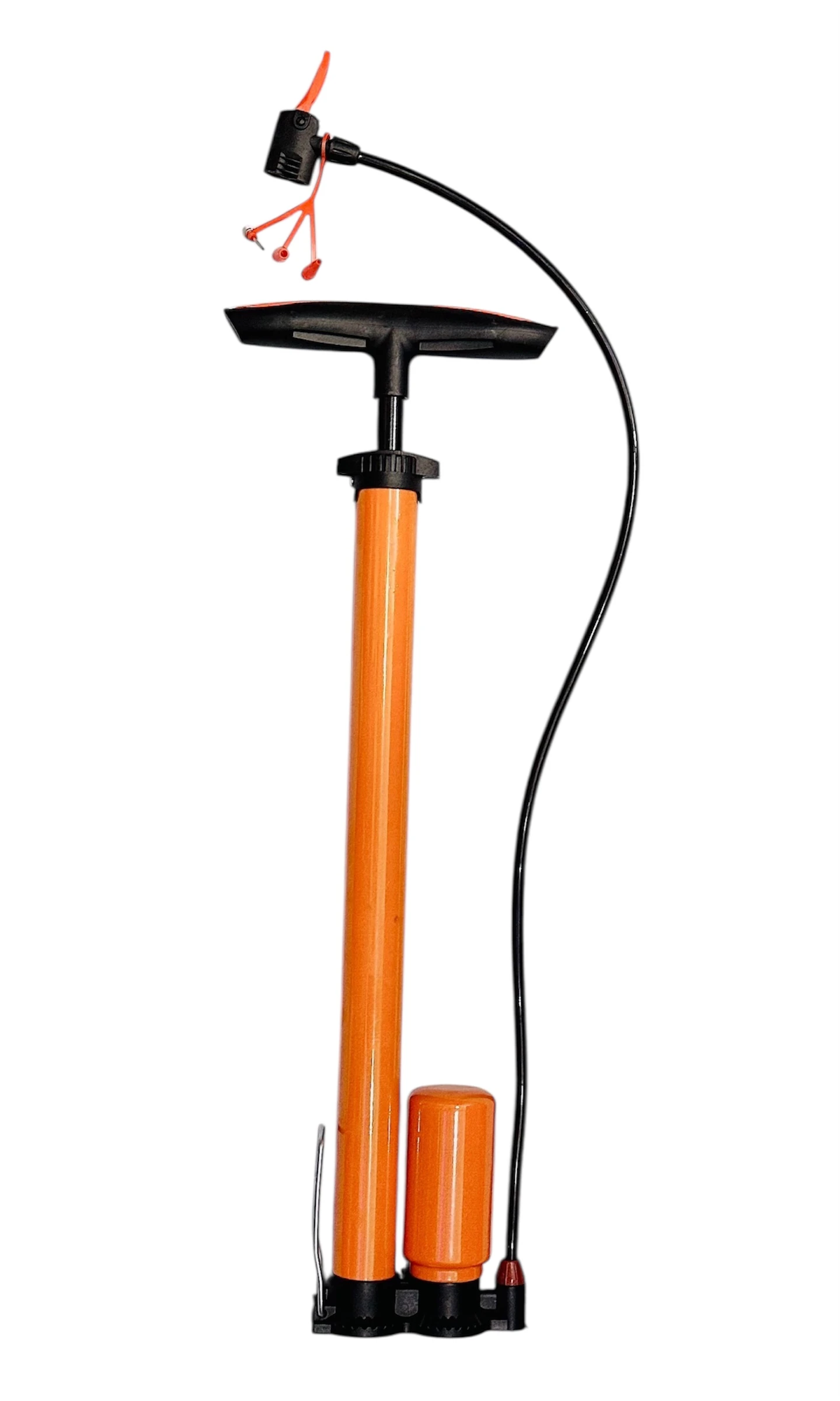 Bomba de aire para bicicleta de alta presión, color naranja con mango negro y manguera flexible, diseñada para inflado rápido y eficiente.