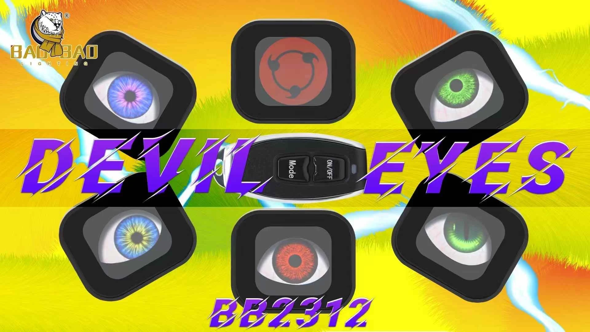 Kit de ojos LED digitales para vehículo con seis unidades en colores azul, verde, rojo y blanco, control remoto incluido, diseño cuadrado con lente central y marco negro.