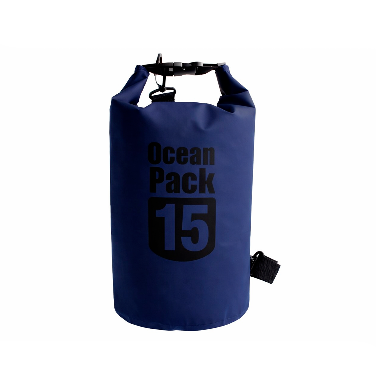 Bolso impermeable azul marino de 15 litros con cierre roll-up y asa superior, ideal para lluvia y playa.