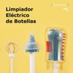 Limpiador eléctrico de botellas con cepillos rotatorios en azul y transparente, mostrando tres accesorios: cepillo de alambre, cepillo con punta blanda y cepillo largo dentro de botella medidora.