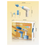 Limpiador eléctrico de botellas blanco con cepillo rotatorio azul, dimensiones 23,5 cm por 12,5 cm, incluye accesorios intercambiables y caja de presentación.